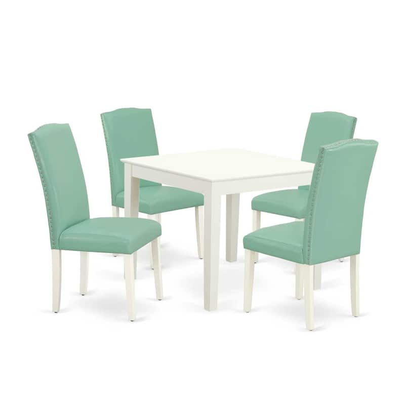 5Pc Square Dining Set - 36 Inch Table w/ Parsons Chairs - Modern PU Leather & Linen White Legs