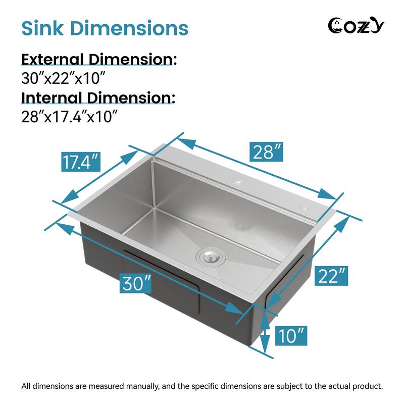 Handcrafted Dark Gray 30 Inch Single Bowl Overmount Workstation Kitchen Sink 304 Stainless Steel Brushed Finish