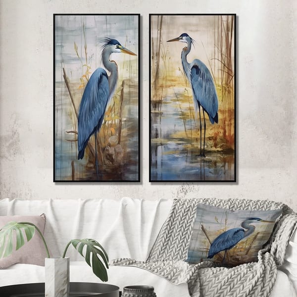 slide 2 of 13, Designart "Blue Heron By The Watersite Watercolor I" Animals Framed Wall Art Set Of 2 Canvas Set For Living Room Decor 24 in. wide x 20 in. high - Black