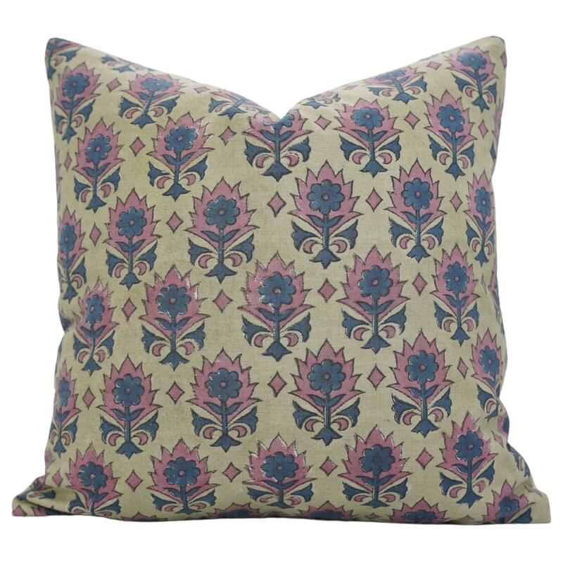 Fabdivine Floral Throw Fall Summer Décor Pink Pillow Cover Handmade Linen, for Farmhouse Guest Room or Couch, Custard Apple - Kusum- Grey, Blue, Pink - 20" x 20" - Pillow Covers