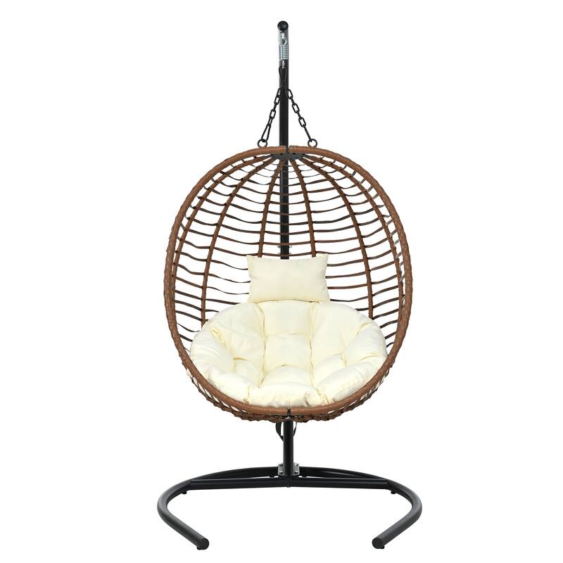 Roomfitters Single Person Folding Egg Chair with Stand, UV Resistant Wicker Rattan Swing for Patio, Garden