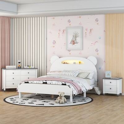 3-Pieces Bedroom Sets Full Size Bear-Shape Platform Bed with Nightstand and Storage dresser