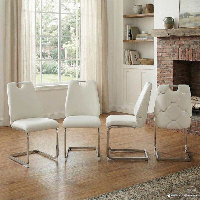 White Dining Chair Side Chair Leisure Chair Reception Chair Set of 4 Leather Upholstered Chair with Metal Legs