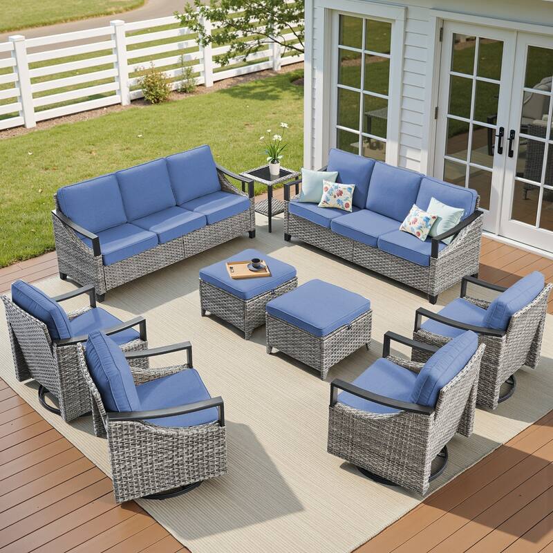 Pocassy 9-Piece Patio Sofa Swivel Chairs Table with Ottoman - Gray Wicker Blue Cushion - 9-Piece Sofa Swivel Chair Table with Ottoman