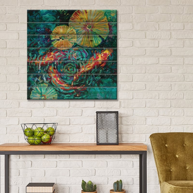 Pesci In Sunflowers Print On Wood by Iris Scott - Multi-Color