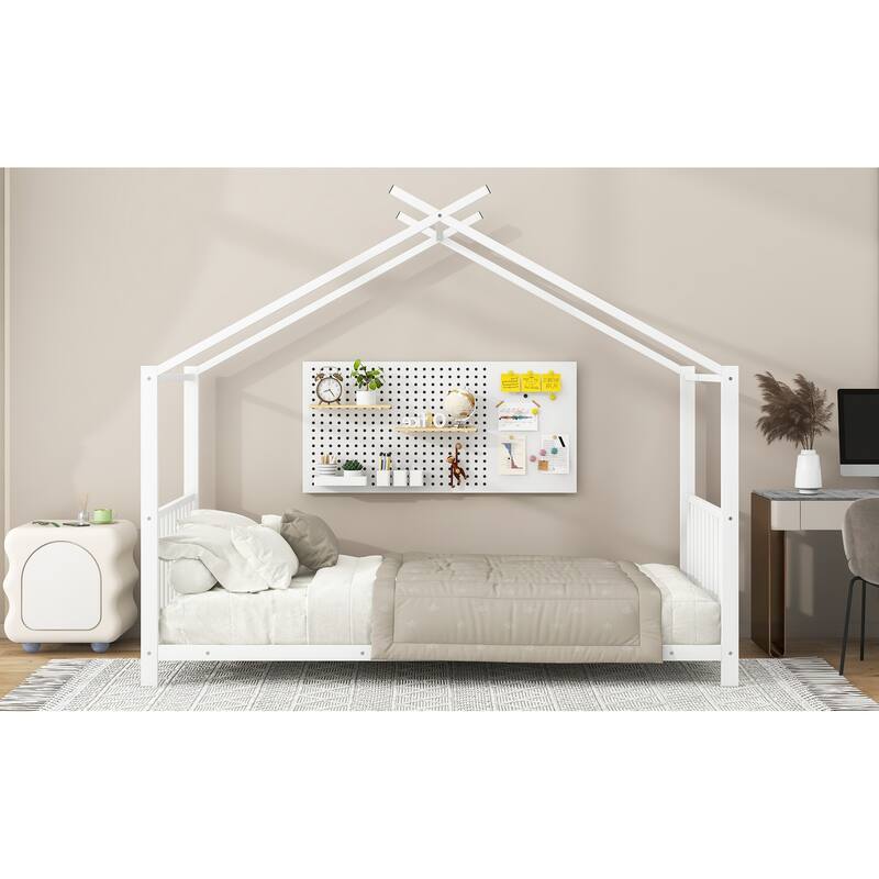 Twin Size White Metal House Platform Bed with Slat Kit, Easy Assembly