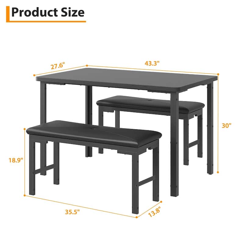 Dining Table Set for 4, Kitchen Table with 2 Benches with Metal Frame, Space-Saving