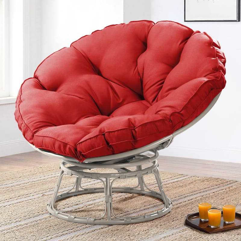 Cozywor Wicker Outdoor Patio Swivel Papasan Lounge Chair with Cushions - Grey/Red