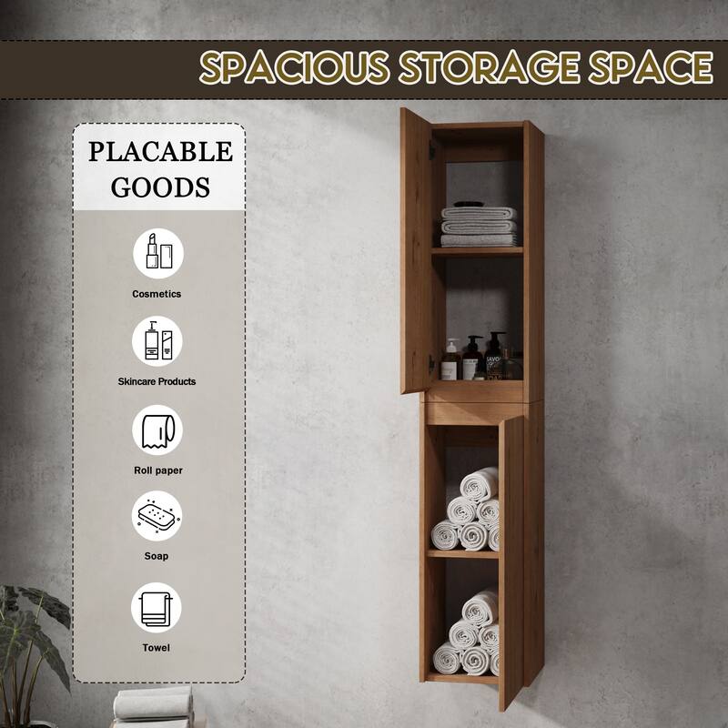 Modern Wall-Mounted Bathroom Side Cabinet with Soft-Close Doors, Floating Design, 6 Storage Compartments, 12-Inch Width