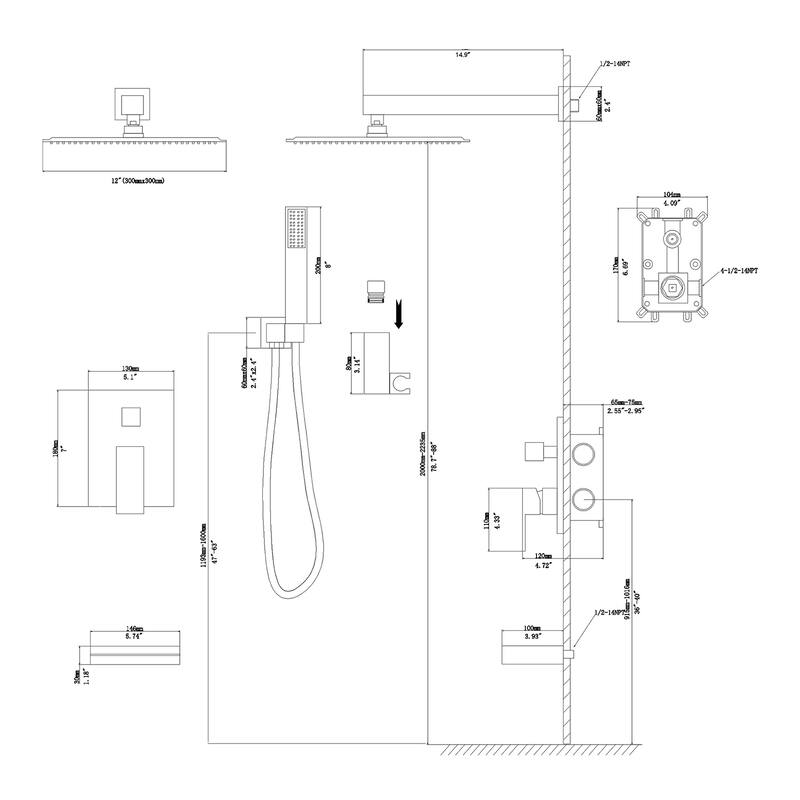 Topcraft 12-Inch Wall Mounted Square Shower System with Rough-in Valve - 12*12