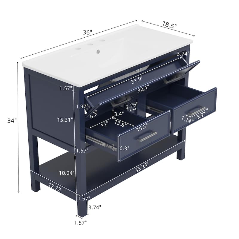 36" Bathroom Vanity with Ceramic Sink, Bathroom Vanity with Tip-Out Tray and 2 Full-Extension Drawers