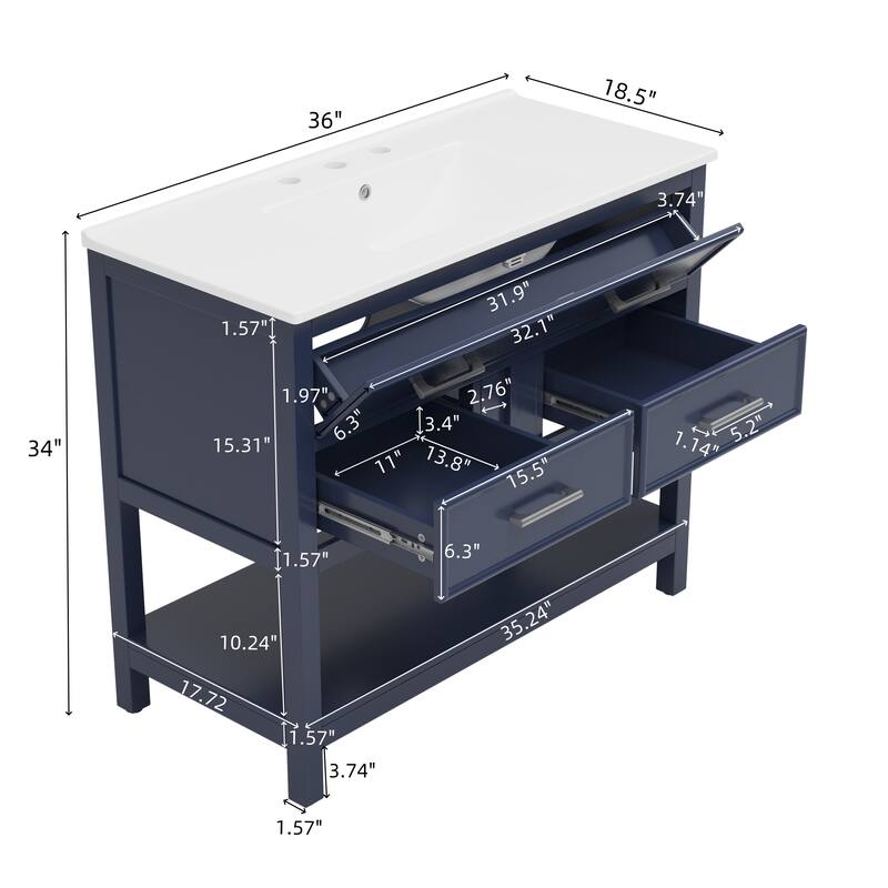 36" Contemporary Bathroom Vanity with Ceramic Sink - Tip-Out Tray + 2 Full-Extension Drawers