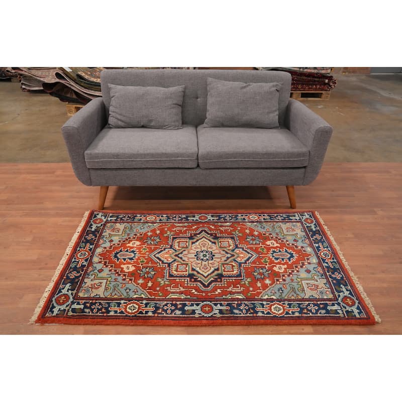 Hand Knotted Oriental 100% Wool Carpet Traditional Medallion Oranges & Rust Heriz (serapi) Area Rug - 5' 1'' X 3' 0''