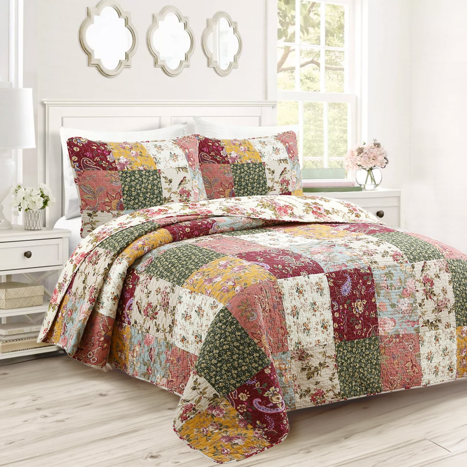 Cozy Line Country Vintage Farmhouse Multicolor Floral Paisley Patchwork Cotton Quilt Bedding Set