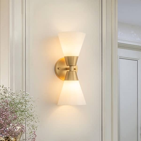 slide 2 of 18, 2-Light Hourglass Shaped Glass Wall Sconce Gold