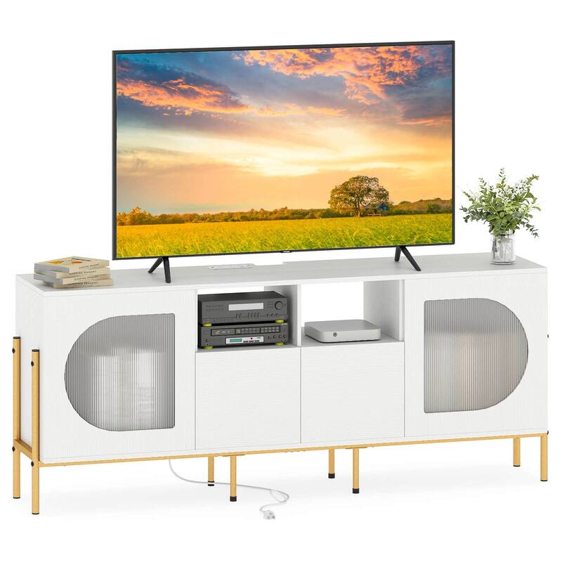 Costway TV Stand with Charging Station for 70” TVs, Fluted Doors & 2 - See Details