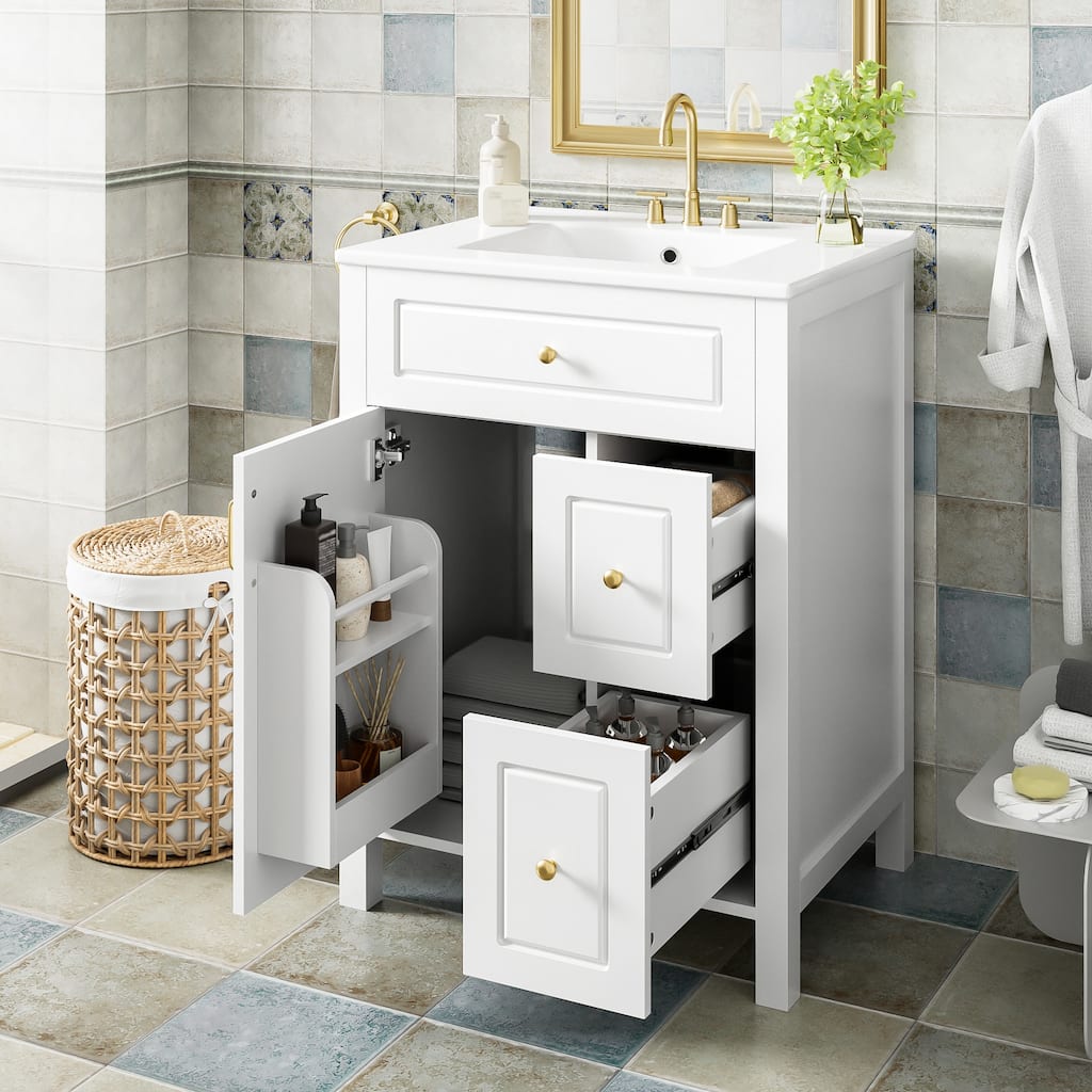 24-Inch Bathroom Vanity with Ceramic Sink, 1 Soft Close Door, 2 Soft Close Drawers, and Double Storage Racks on the Door