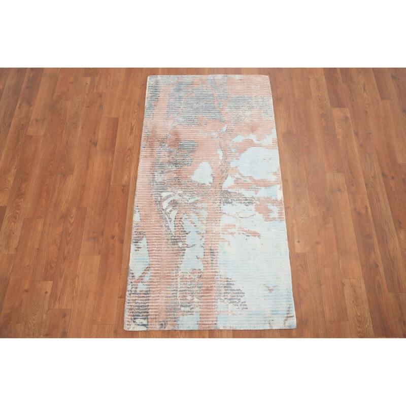 Hand Knotted Oriental Viscose Silk Carpet Modern Abstract Multi-Colored Abstract Area Rug - 4' 0'' X 2' 0''