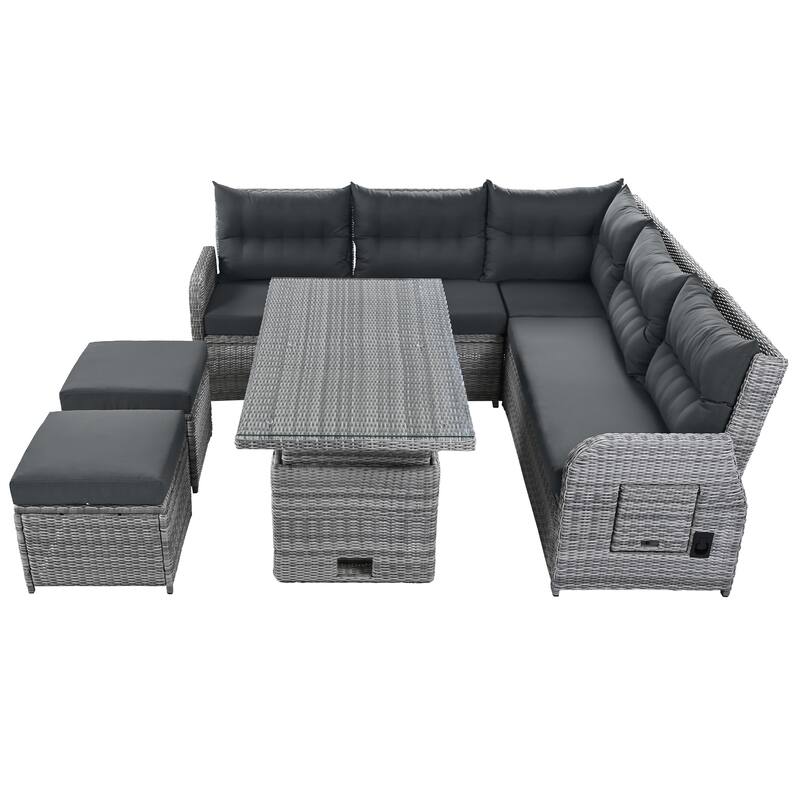 Outdoor Rattan Sectional Sofa Set with Adjustable Table & Recliners