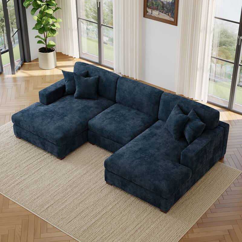 Modern Upholstered Chenille Modular Sectional Sofa with 2 Chaise - Blue-3 Piece