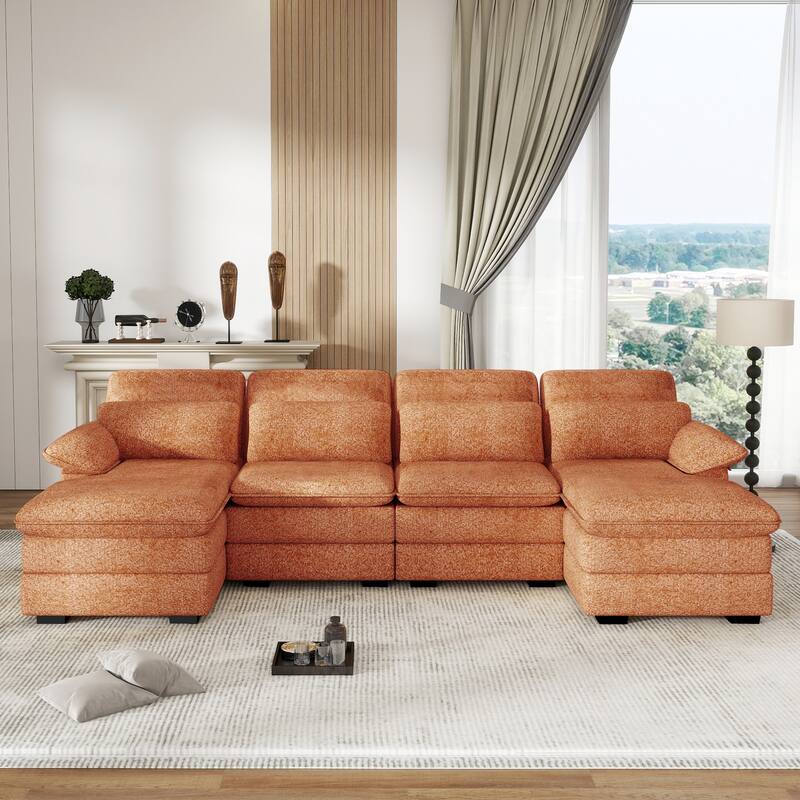 U-Shaped 111.8" Cloud Combo Sofa 4-Seater Chenille Fabric Sofa with Arms - Orange