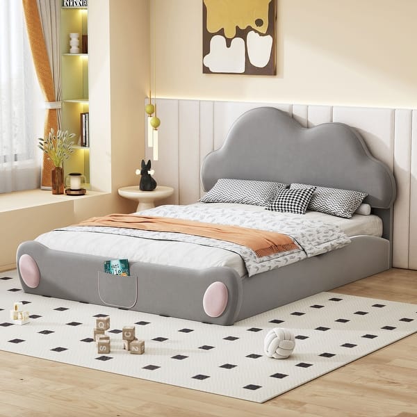 slide 2 of 29, Queen Size Cloud-Shaped Headboard Upholstered Platform Bed with Rounded Footboard and Convenient Pocket for Storage, Grey Grey