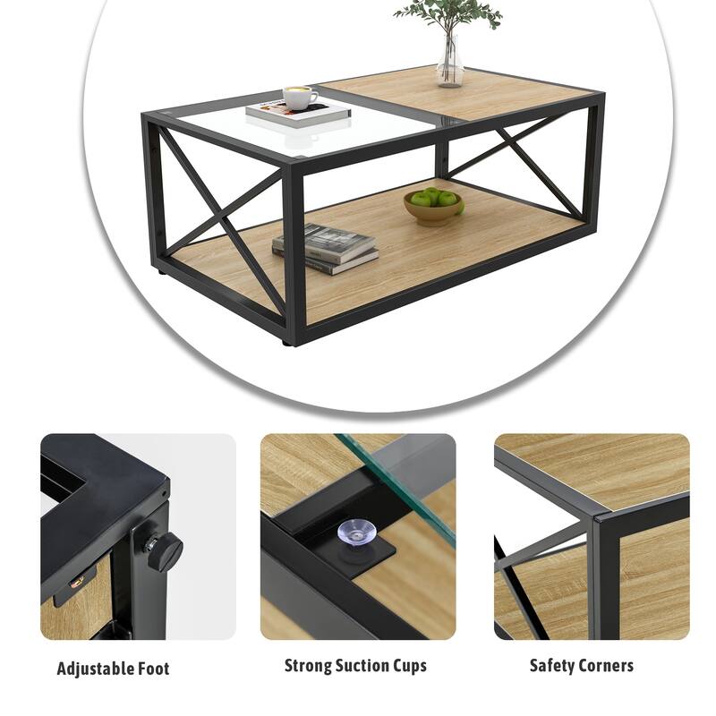 Modern Coffee Table For,Tempered Glass&Natural Wood Mdf Top,Industrial Style Coffee Table