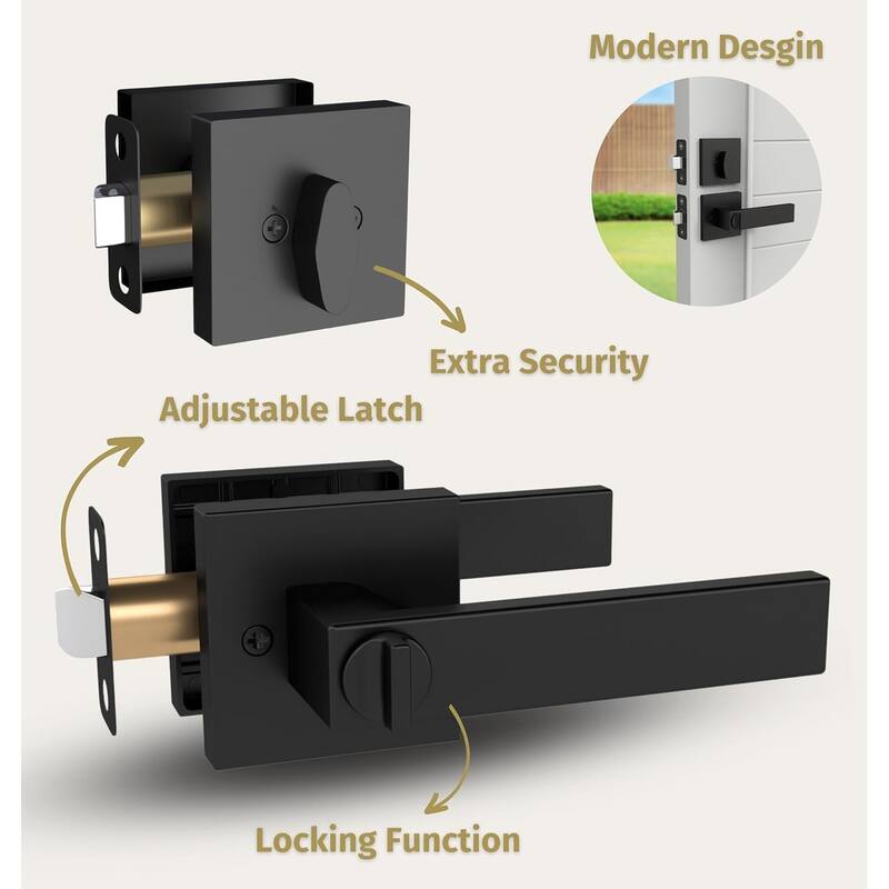 Mega Handles ROBELL Square Entry Lever and Deadbolt Combo | Front Door Lock Set | Modern Stainless Steel | Keyed Door Lever