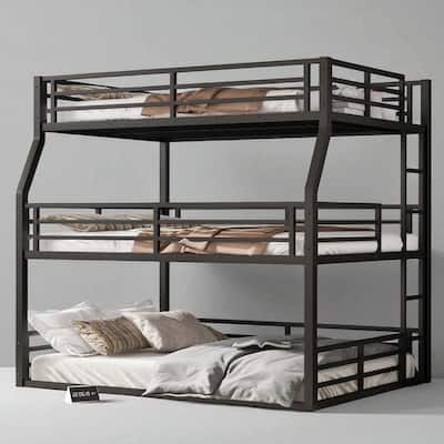 Full/Full XL over Queen over Queen Metal Triple Bunk Bed with Guardrails, Quiet Slat System, Heavy-Duty Frame