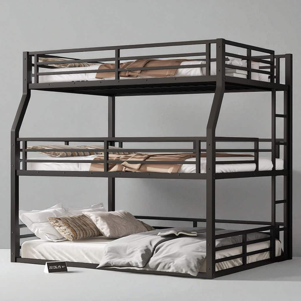 Full/Full XL over Queen over Queen Metal Triple Bunk Bed with Guardrails, Quiet Slat System, Heavy-Duty Frame