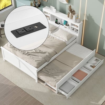 Twin/Full Size Storage Platform Bed with Bookcase Headboard and 3 Drawers, Wood Platform Bed with Twin Size Trundle and USB Port