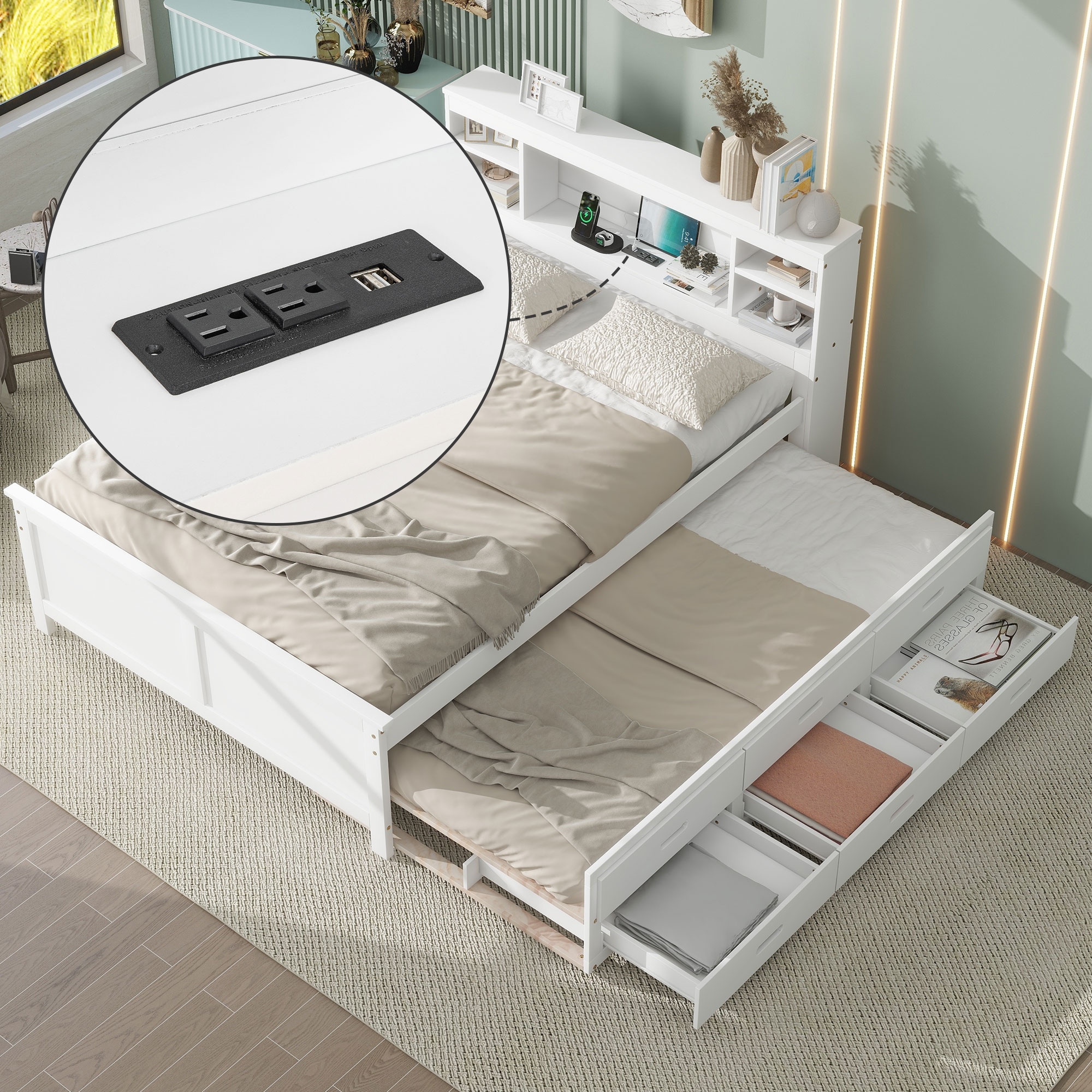 Twin xl platform bed with bookcase headboard & 3 storage outlet drawers
