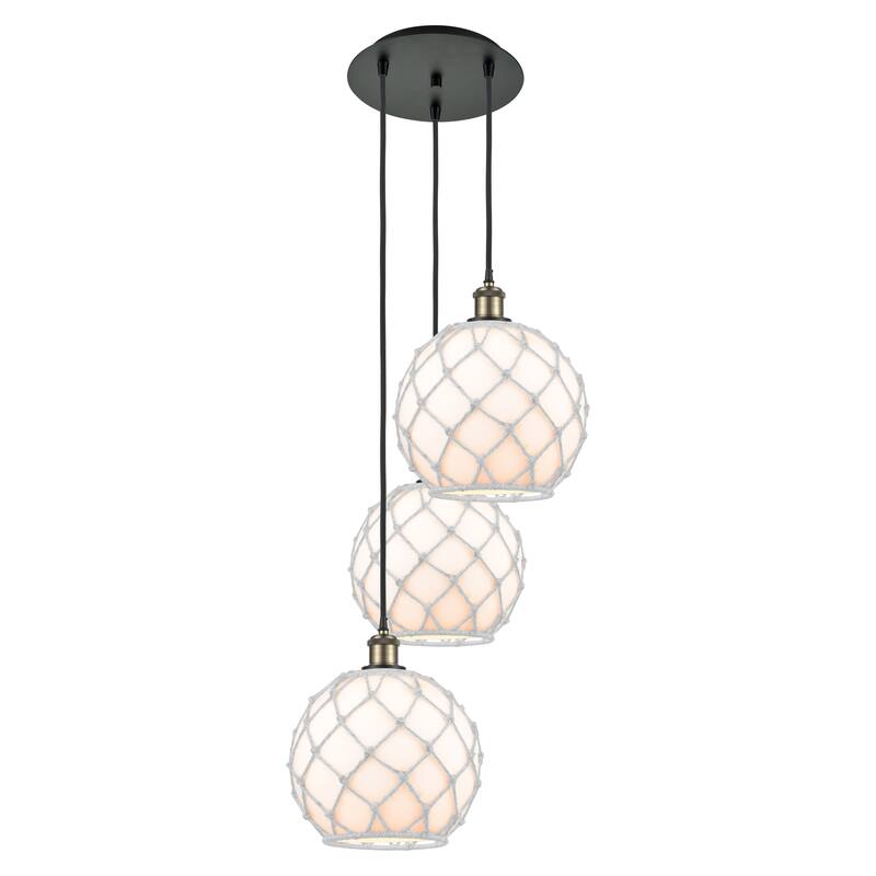 Innovations Lighting Endless Possibilities Ballston - Farmhouse Rope - 3 Light 17" Cord Hung Multi Pendant - White Glass with White Rope/Black Antique Brass