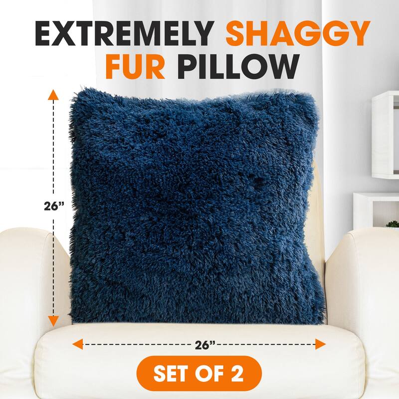 Cheer Collection Super Soft Shaggy Long Hair Throw Pillows Set of 2 Plush Accent Cushions