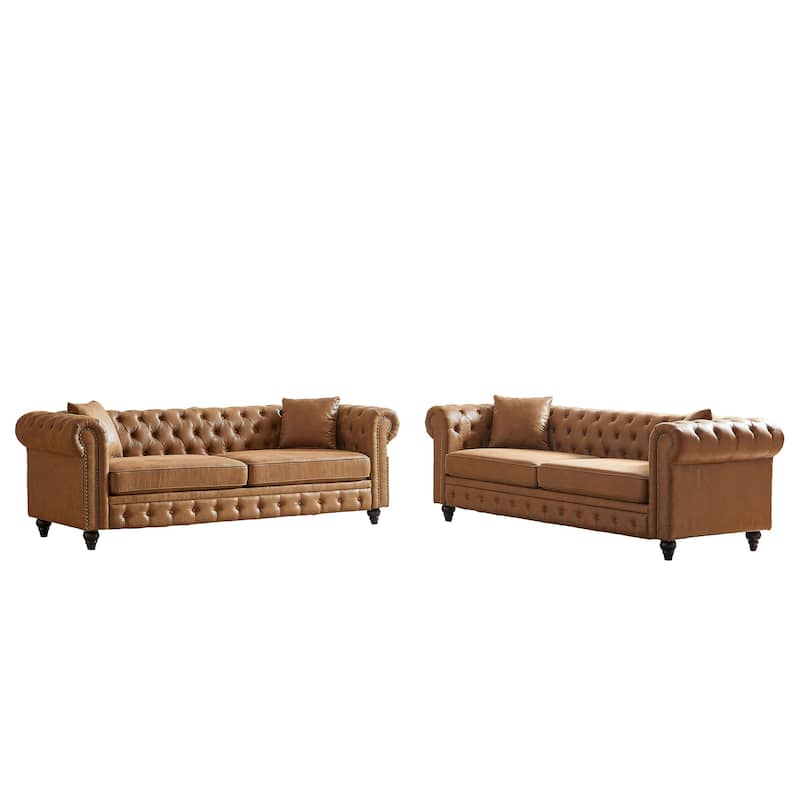 Chesterfield Button Tufted Sofa Set of 2 with Nailhead Trim, 3+3 Seat