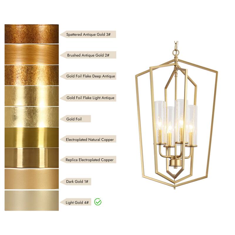 Modern Gold 4-Light Lantern Chandelier Geometric Glass Pendant Light Fixture for Kitchen Dining Room - 16.5"Dx27"H