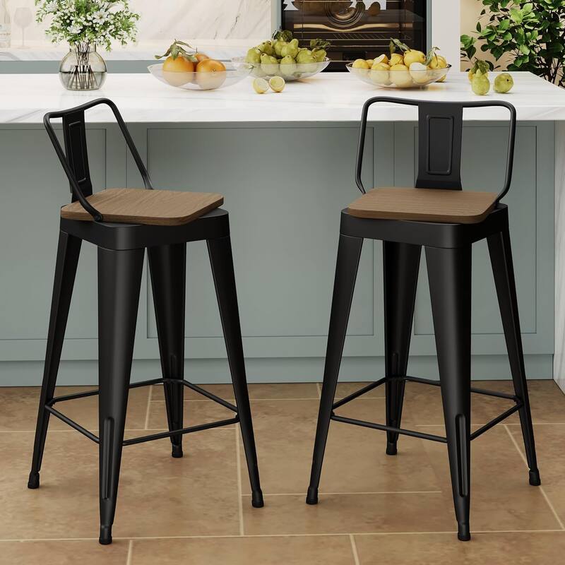 Swivel Counter Stools with Metal Frame Farmhouse Counter Chairs with low Back 24" Kitchen Bar Furniture Stools with Wooden Seat - Set of 2 - Black