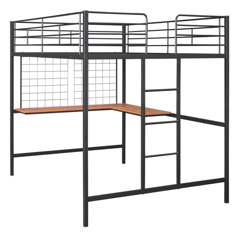 Black Full Size Metal Loft Bed with Desk and Storage Grid
