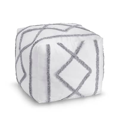 Sweet Jojo Designs White Grey Bohemian Boho Chic Unstuffed Ottoman Pouf Cover Farmhouse Shabby Textured Macrame Trim Minimalist