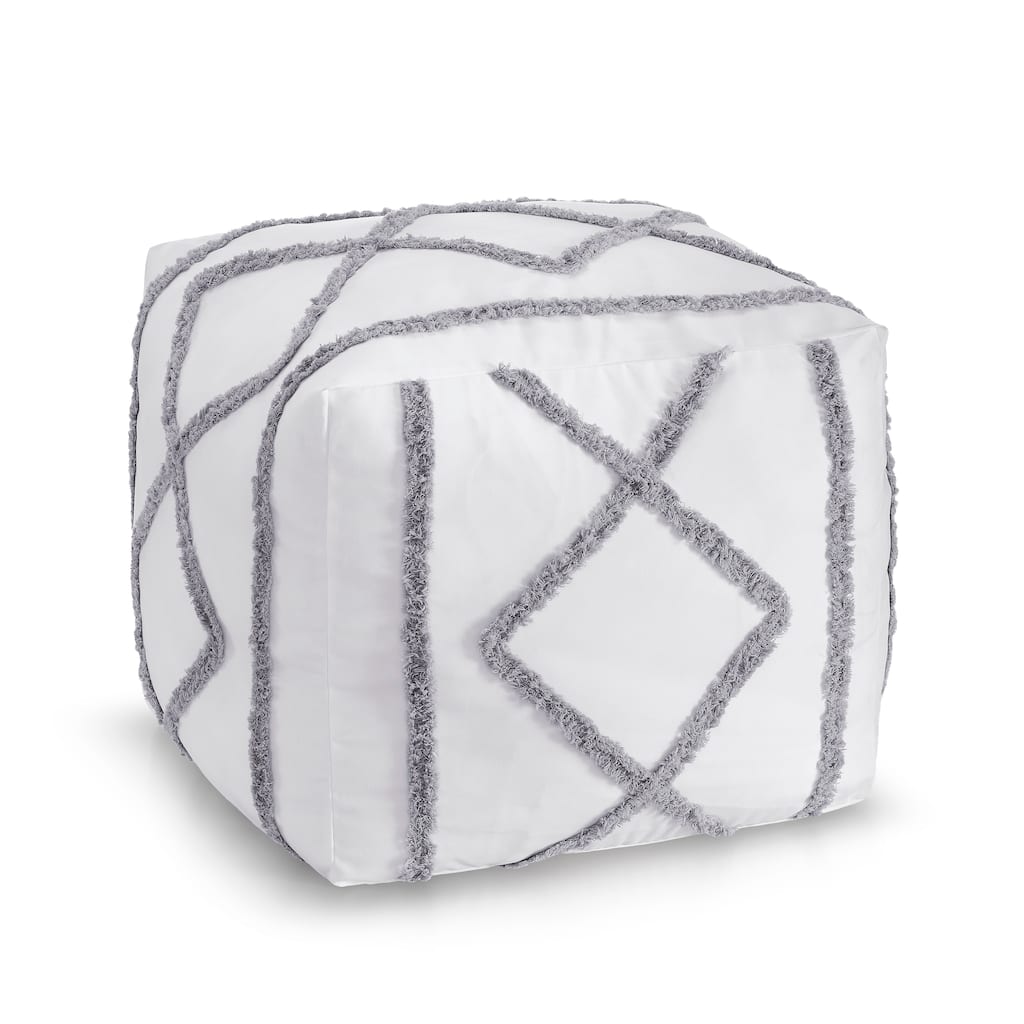 Sweet Jojo Designs White Grey Bohemian Boho Chic Unstuffed Ottoman Pouf Cover Farmhouse Shabby Textured Macrame Trim Minimalist