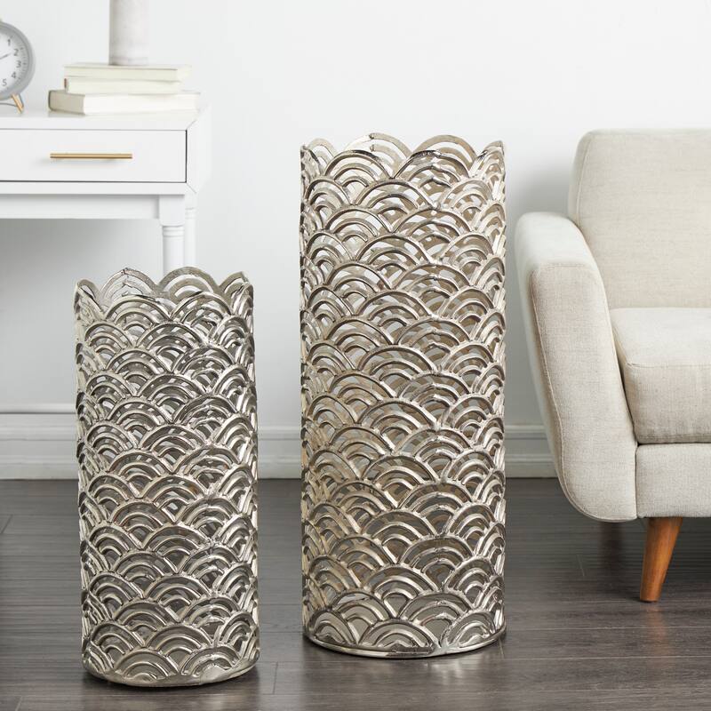 Silver or Gold Aluminum Metal Art Deco Inspired Geometric Vase with Arch Designs (Set of 2) - Silver