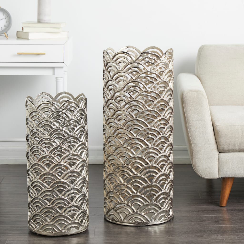 Silver or Gold Aluminum Metal Art Deco Inspired Geometric Vase with Arch Designs (Set of 2)