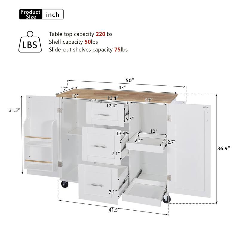 50'' Rubber Wood Kitchen Island with 3 Drawer, Rolling Wheels, 2 Slide-Out Shelf and Internal Storage Rack