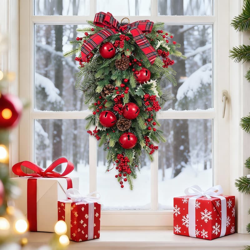 Glitzhome Christmas Berry Bow Pinecone Bell Holy Leaf Teardrop Swag Xmas Wreath