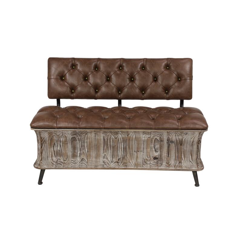 Brown Wood Storage Bench with Tufted Faux Leather Seat and Back