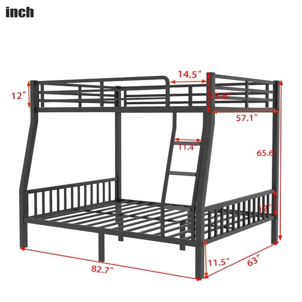 Black Full XL over Queen Size Metal Bunk Bed with Ladder & Support