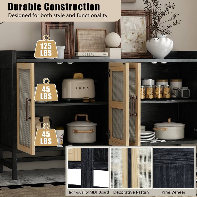 Rattan Sideboard Buffet Storage Cabinet Console Table, Black+Natural
