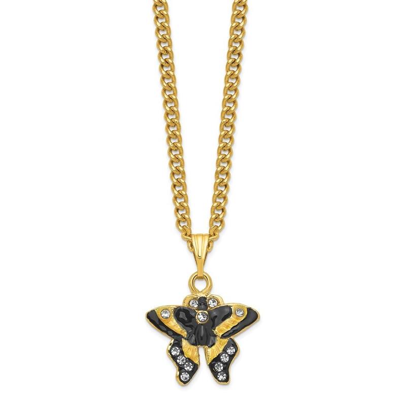 Curata Pewter Crystals Gold-Tone Enameled Marion Yellow Monarch Butterfly Trinket Box on 18 Inch Necklace