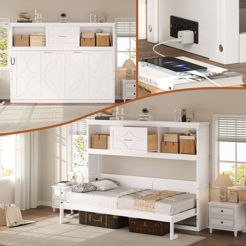 Compact Twin Murphy Bed with Charging Station, Drawer, and Storage Cabinets, White