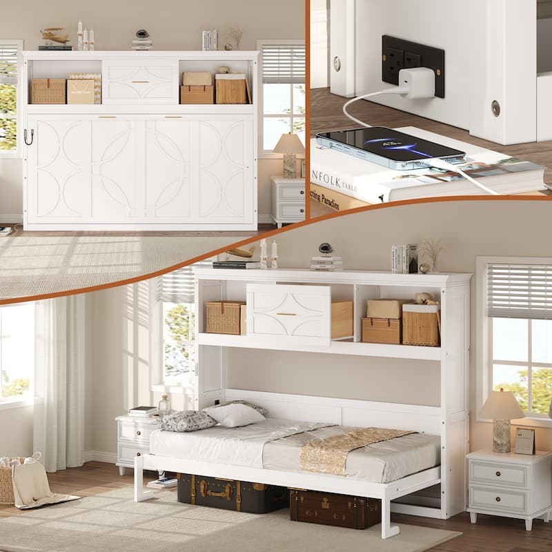Twin Murphy Bed With Built-In Charging Station And Storage Drawer‌